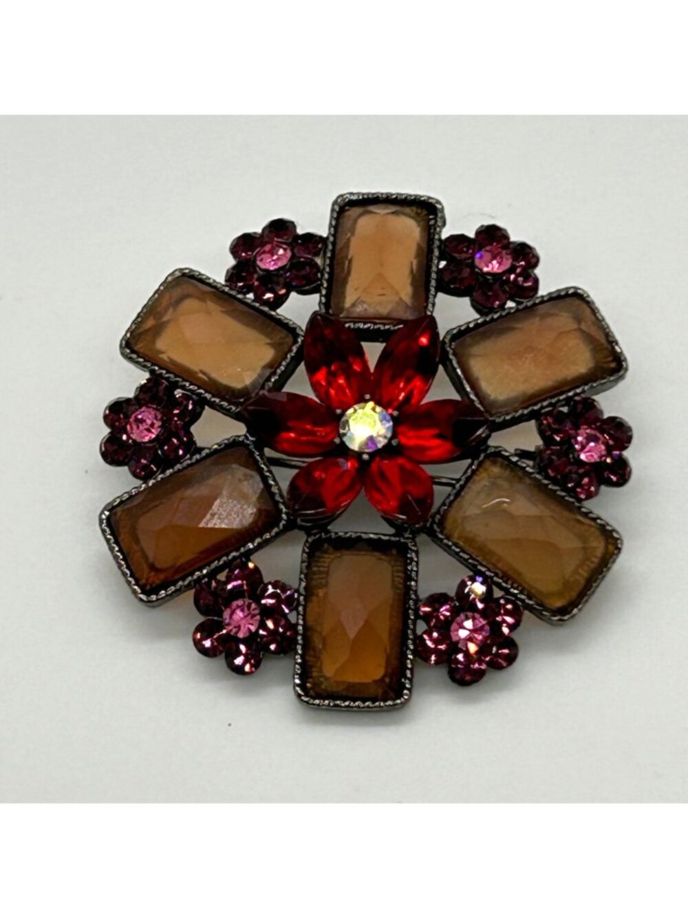 Large Vintage Flower Brooch Pin Rhinestone Red Gold Pink Acrylic Gunmetal Retro - Picture 2 of 13